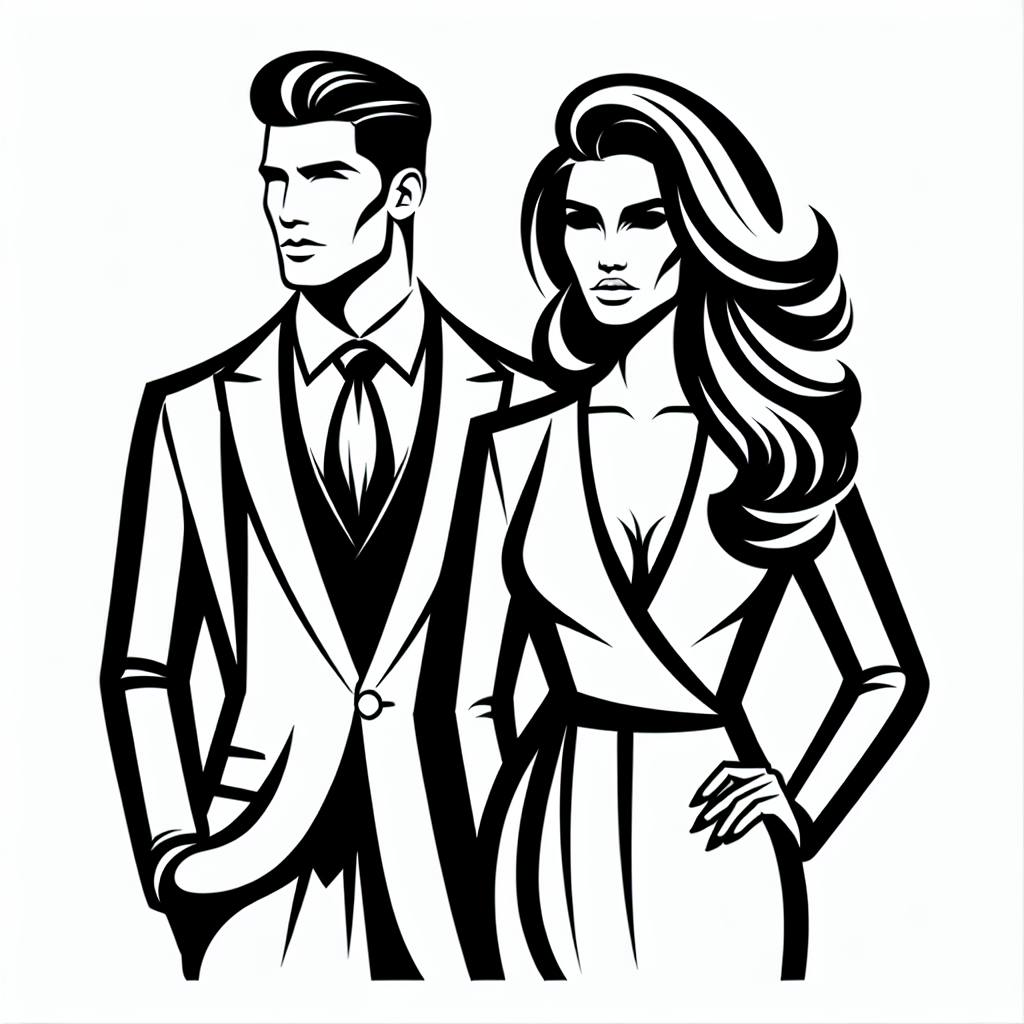 Line Art "A noble fashionable man and woman standing in style." Icon Design