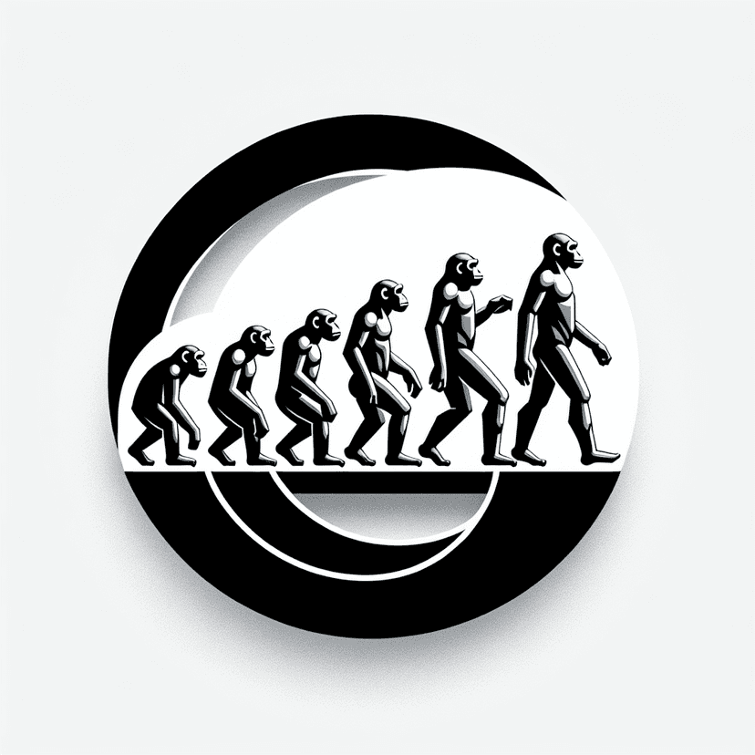 Main icon for Evolving Primates To Humans. Bold Lines, Monochromatic, Circular Theme, White Background