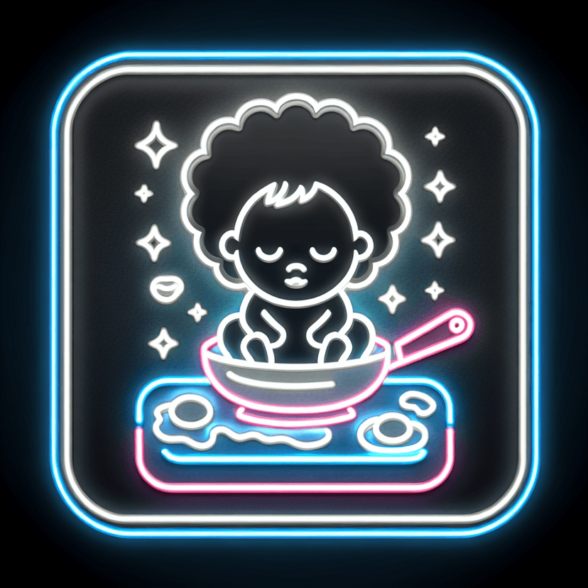 Main icon for A Dark Skinned Afro Baby Sitting In A Frying Pan Covered In Flour, Eggs And Bacon