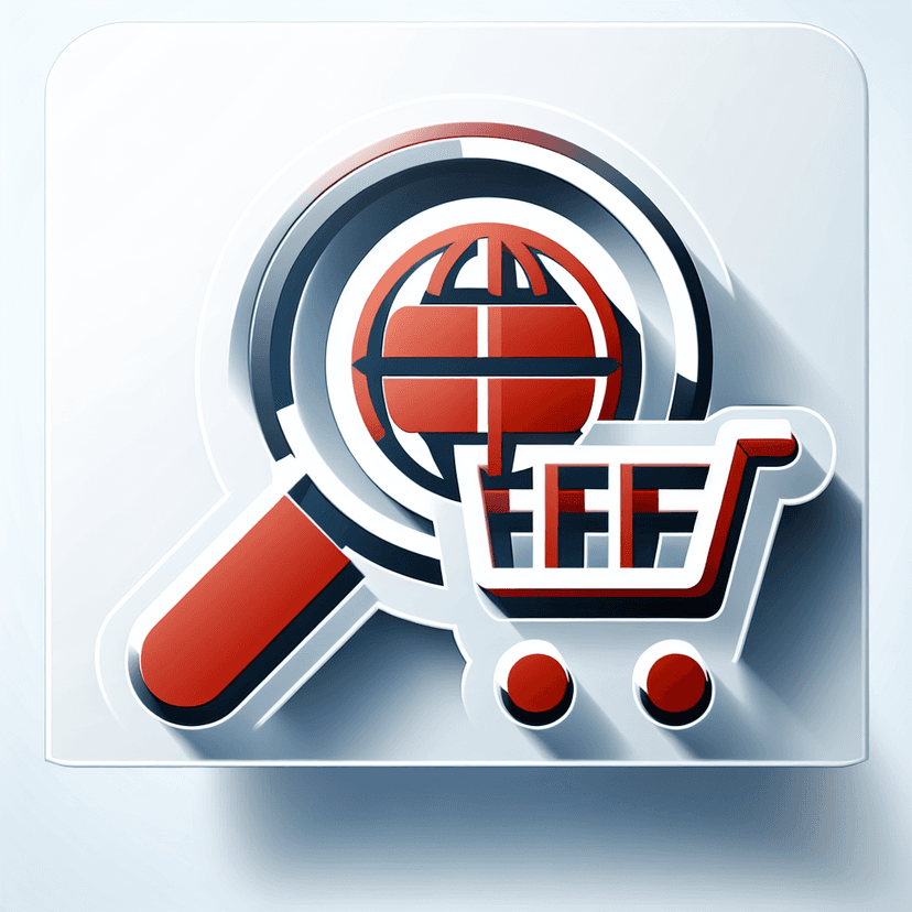 Main icon for Design An Icon That Symbolizes Product Sourcing. Incorporate Elements Like A Magnifying Glass (representing Search), A Globe (indicating Global Reach), And A Shopping Cart (for Commerce).