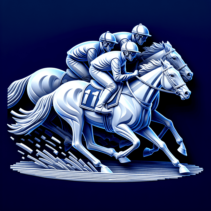 Main icon for 2 Jokeys On Thoroughbred Horse Winning The Race. Running Fast. One Win. No White Ground