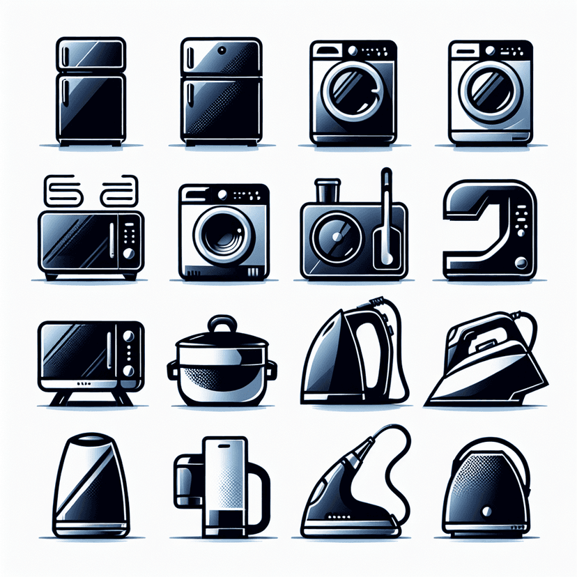 Main icon for 냉장고 (refrigerator)
세탁기 (washing Machine)
건조기 (dryer)
전자레인지 (microwave)
전기밥솥 (electric Rice Cooker)
다리미 (iron)
에어컨 (air Conditioner)
청소기 (vacuum Cleaner)
커피머신 (coffee Maker)
토스터 (toaster)
주전자 (electric