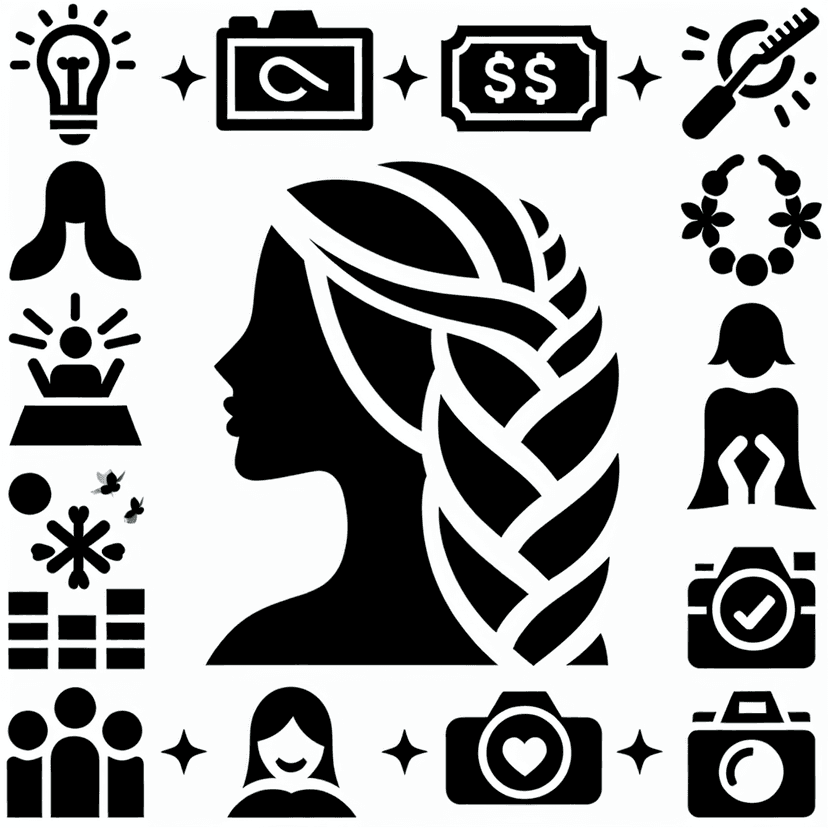Main icon for Luxury, Blend Black Colors, Hair Braiding, Money Symbols, People Talking, Camera, Love, Success