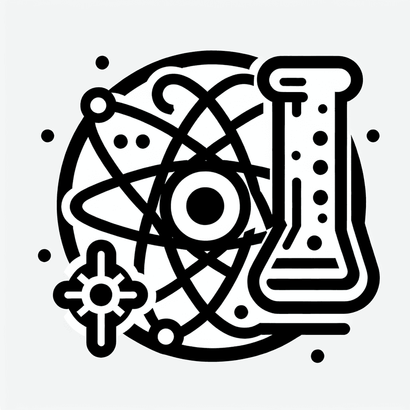 Main icon for Atom, Flask, Gears. Bold Lines, Monochromatic, Circular Theme, White Background.