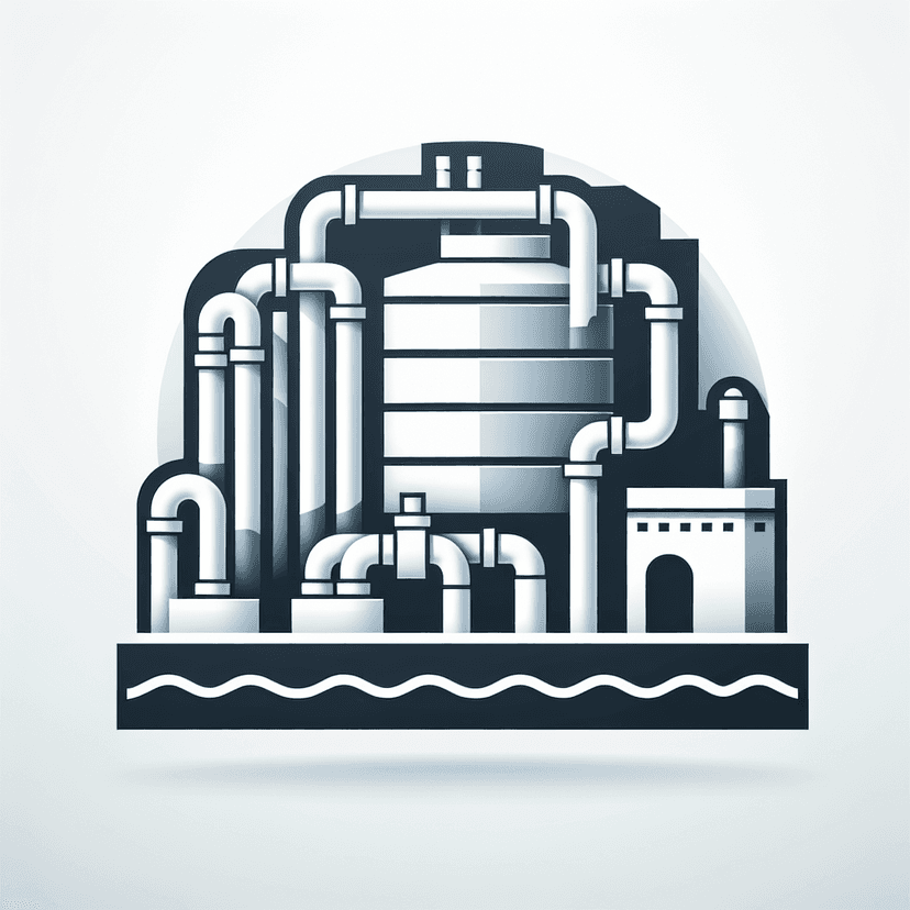 Main icon for An Icon Representing Wastewater Treatment: A Stylized Wastewater Plant With Pipes, A Large Tank, And