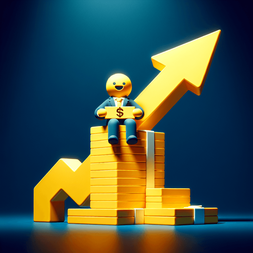 Main icon for A Small Smiling Salesman In Yellow Clothes Is Sitting On A Huge Amount Of Money. Behind The Salesman Is A Large Arrow Pointing Upwards.