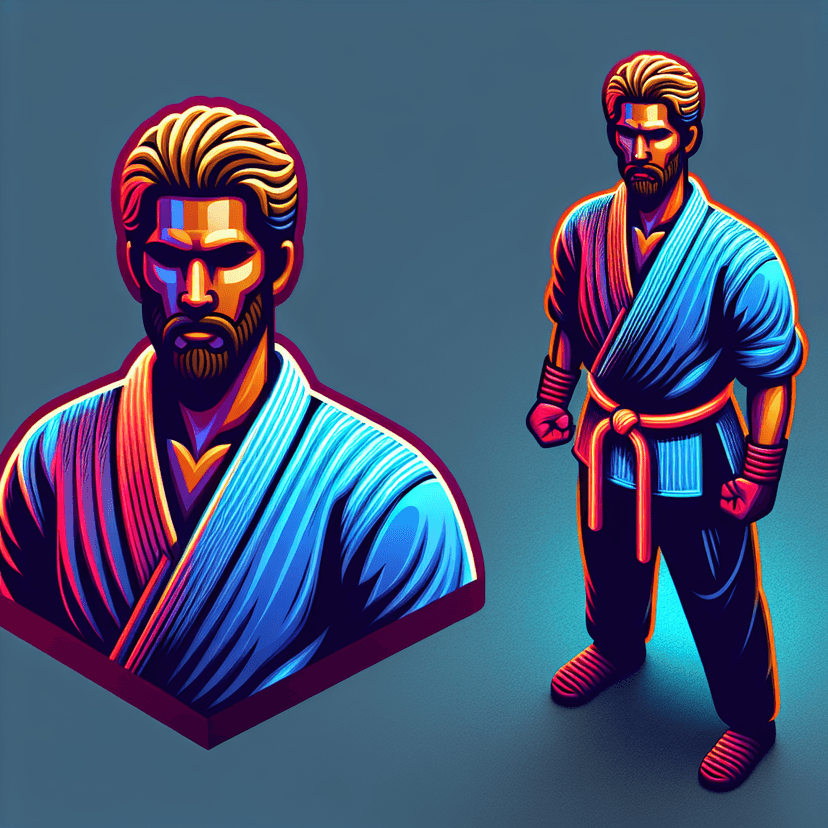 Main icon for Street Fighter Ken Stylized In Neon Accents, Short Beard, Long Golden Hair, Blue Karate Uniform