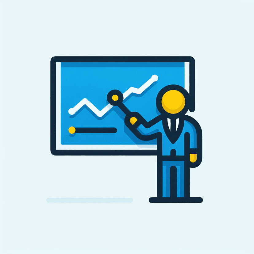 Main icon for A Yellow Man In A Blue Suit Points To A Chalk Board Hanging On The Wall, Graphs Are Drawn On The Board.