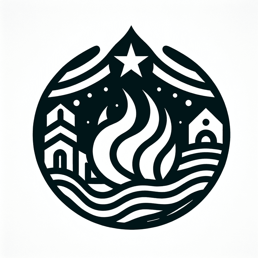 Main icon for Flame, Church And Star. Bold Lines, Monochromatic, Circular Theme, White Background.