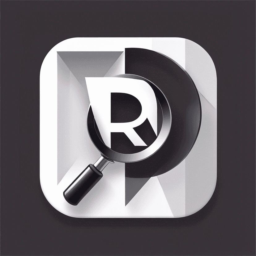 Main icon for The Letter R Inside A Magnifying Glass, Black And White Design